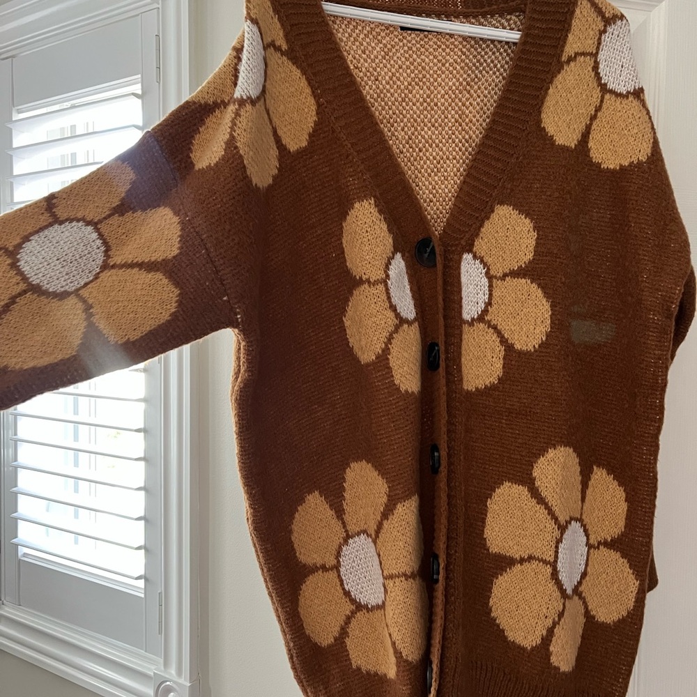 SHEIN Brown and Yellow Floral Cardigan Sweater